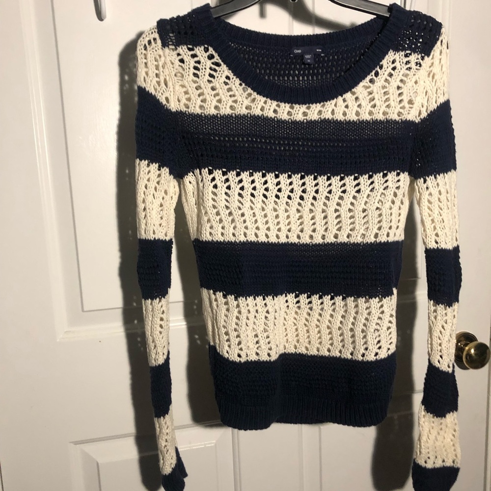 Navy and white striped crochet sweater
